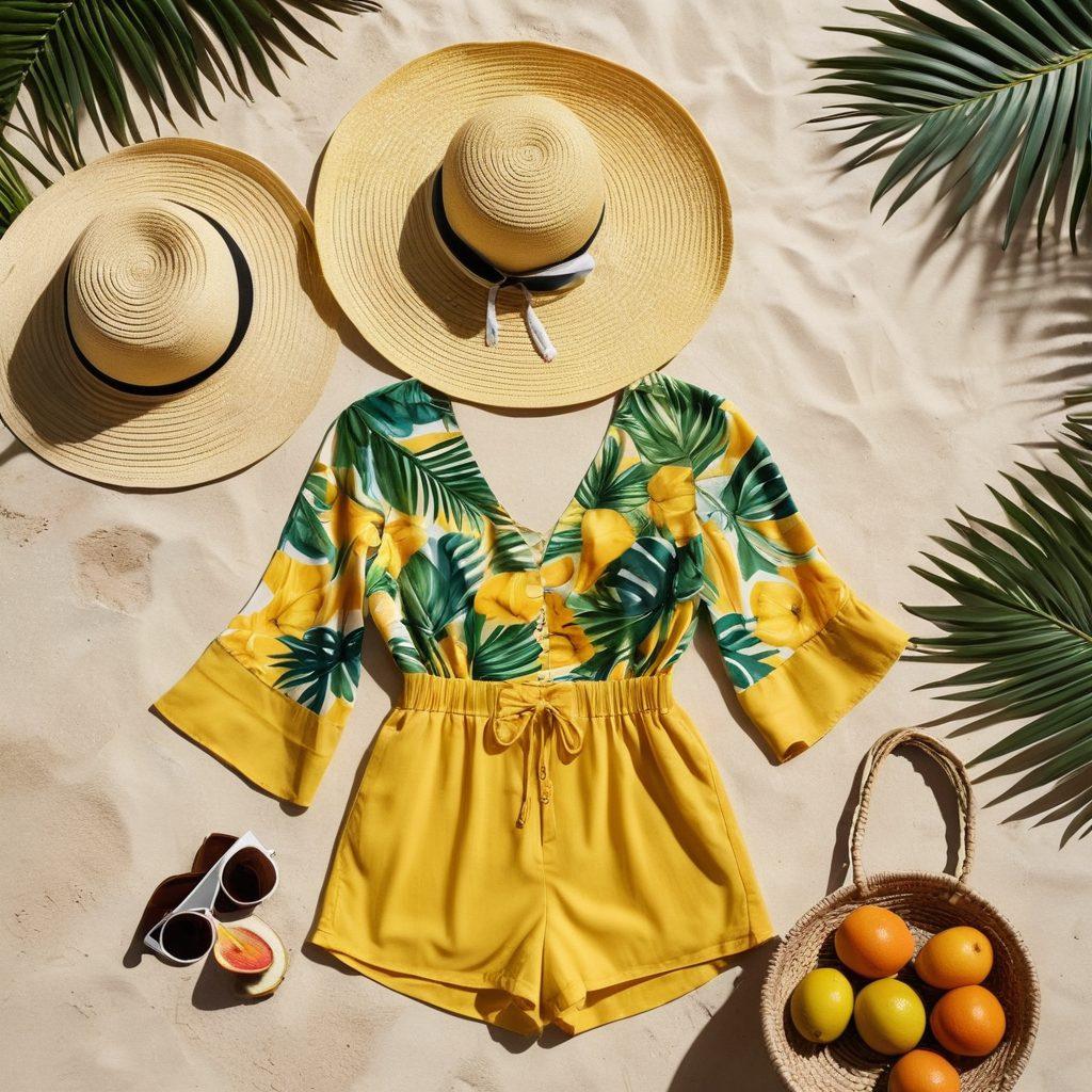 A stylish summer outfit displayed on a wooden hanger, draped with a lightweight, colorful beach cover-up and a woven sun hat. Surrounding the outfit, fresh tropical fruits like pineapples and coconuts create a vibrant summer vibe, complemented by sunglasses and a chic tote bag. Soft sunlight filters through leaves, casting playful shadows. super-realistic. vibrant colors. beach setting.